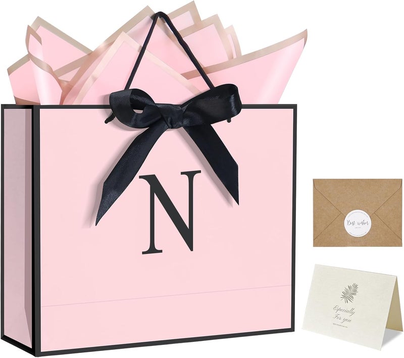 QLSKO Personalized Initial Paper Bag for Women Grils,Monogrammed Gift Bag with Bow Ribbon,Wrapping Tissue and Card Matching Envelope Sticker (Pink, N-Medium) - Image 1